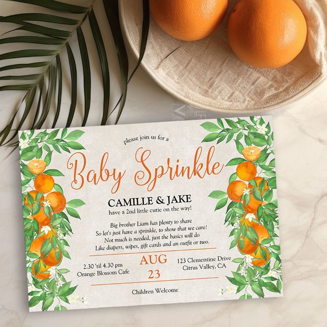 Invitation Agrumes Orange Little Cutie Neutral Bébé Sprinkel (Baby Sprinkle invitation from my Citrus Orange Baby Shower collection)