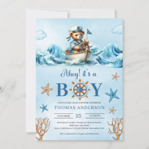 Invitation Ahoy aquarelle bleu et marron tourbillon marin