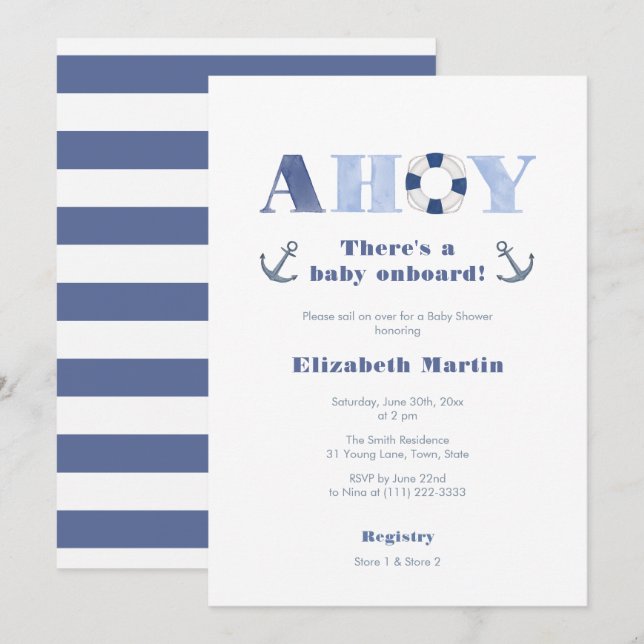 Invitation Ahoy Baby On Board Nautical Boy Baby Shower (Devant / Derrière)