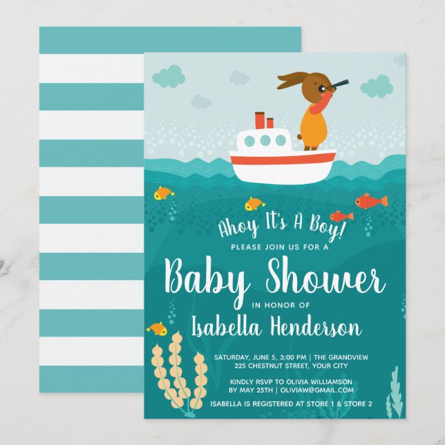 Invitation Ahoy Boy Baby shower nautique (Devant / Derrière)