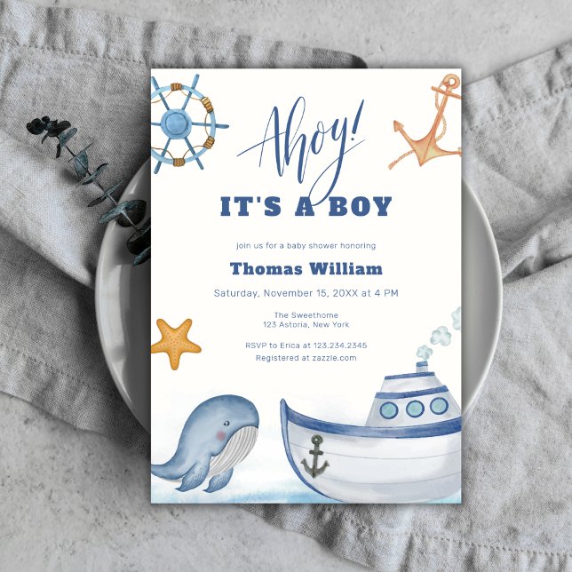 Invitation Ahoy C'est un Baby shower de bateau à baleines (Ahoy It's A Boy Whale Sailboat Baby Shower Invitation)