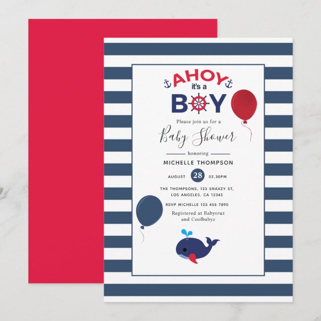 Invitation Ahoy c'est un Baby shower Garçon Nautique (Devant / Derrière)