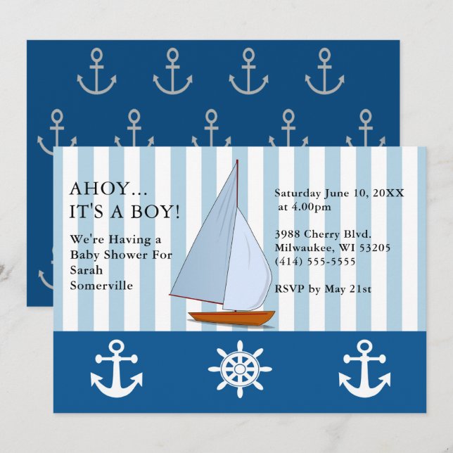 Invitation Ahoy C'est un Baby shower garçon Voile Sepia Blue (Devant / Derrière)