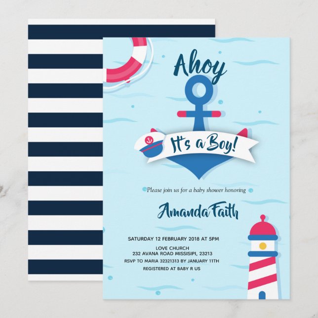 Invitation Ahoy c'est un Baby shower nautique de garçon (Devant / Derrière)