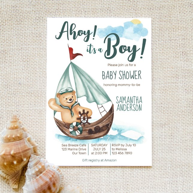 Invitation Ahoy c'est un baby shower nautique d'ours en peluc (Créateur téléchargé)