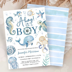 Invitation Ahoy C'est un Garçon Baby Shower Bleu Marin Nautiq