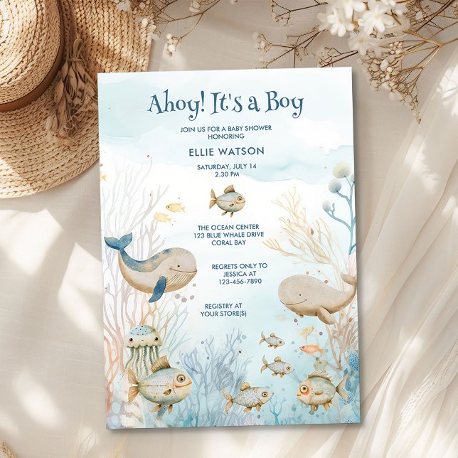 Invitation Ahoy C'est un garçon Baby shower de baleines de co (Ahoy its a Boy invitation from the Whale Baby Shower Collection by Darling & May)