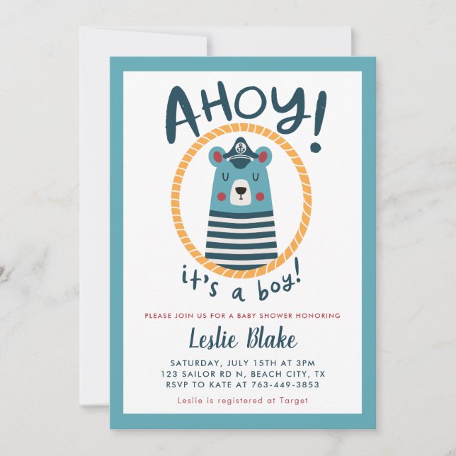 Invitation Ahoy C'est un garçon Baby shower d'ours de mer (Devant)