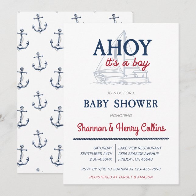 Invitation Ahoy C'est un garçon Baby shower nautique (Devant / Derrière)