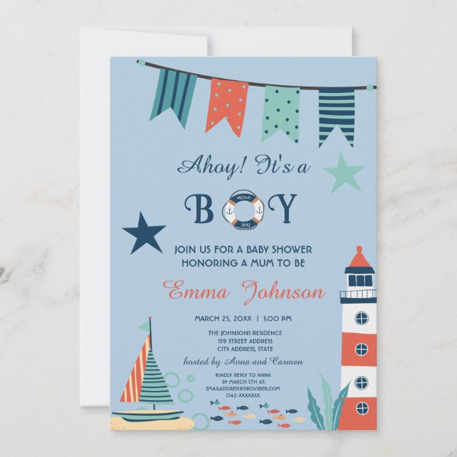Invitation Ahoy C'est un garçon Baby shower nautique (Devant)