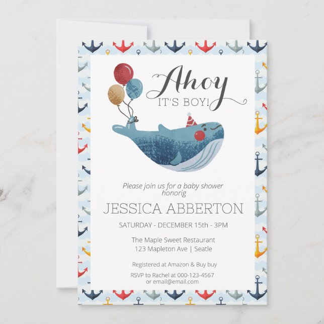 Invitation Ahoy, C'est un garçon Baby shower nautique (Devant)