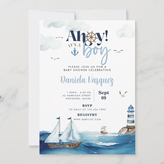 Invitation Ahoy ! C'est un garçon Baby shower nautique Invita (Devant)