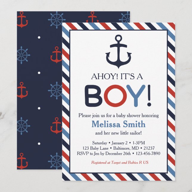 Invitation Ahoy C'est un garçon Baby shower nautique Invitati (Devant / Derrière)
