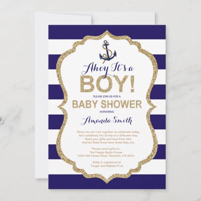 Invitation Ahoy c'est un garçon ! Baby shower nautique par co (Devant)