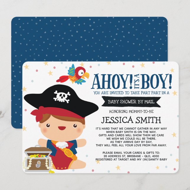 Invitation Ahoy C'est un garçon Baby shower pirate par courri (Devant / Derrière)