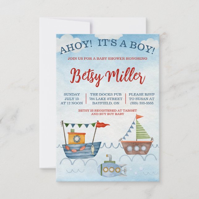 Invitation AHOY ! C'est un GARÇON ! Bateaux et Baby shower so (Devant)