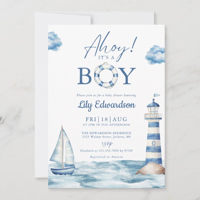 Invitation Ahoy C'Est Un Garçon Bleu Baby shower Nautique (Devant)