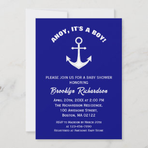 Invitation Ahoy C'Est Un Garçon Marine Bleu Blanc Ancre Baby 