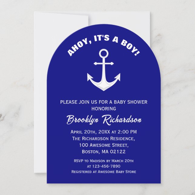 Invitation Ahoy C'Est Un Garçon Marine Bleu Blanc Ancre Baby  (Devant)