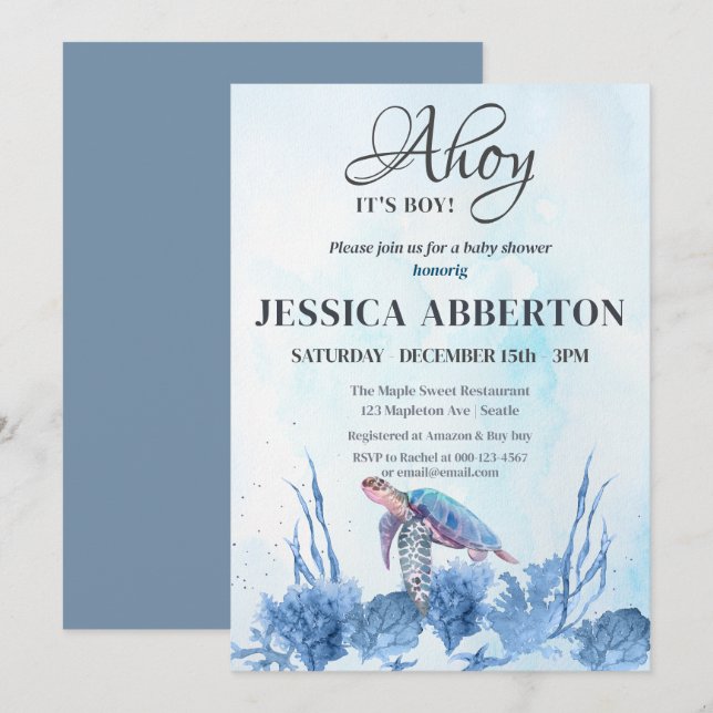 Invitation Ahoy C'est un garçon sous le Baby shower bleu mer (Devant / Derrière)