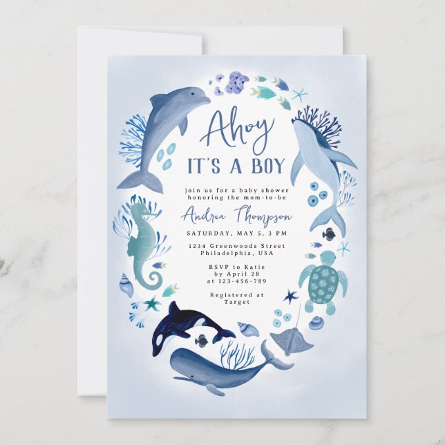 Invitation Ahoy C'est un garçon sous le Baby shower bleu mer (Devant)