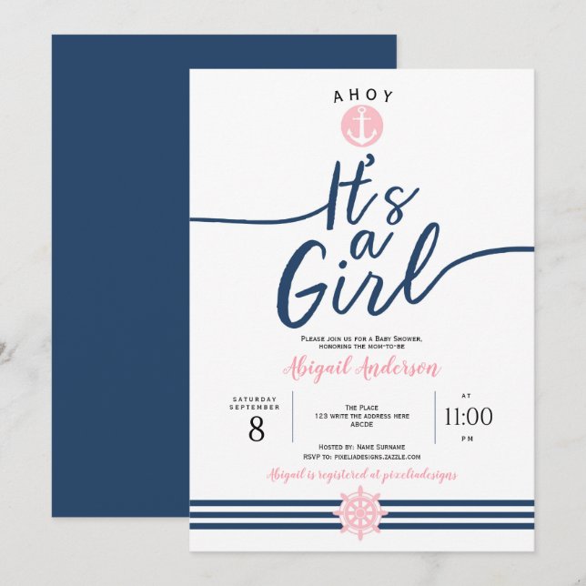 Invitation Ahoy, c'est une fille, Nautique, Bébé fille Douche (Devant / Derrière)