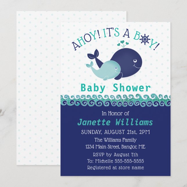 Invitation Ahoy de baleines nautiques ! C'est un Baby shower  (Devant / Derrière)