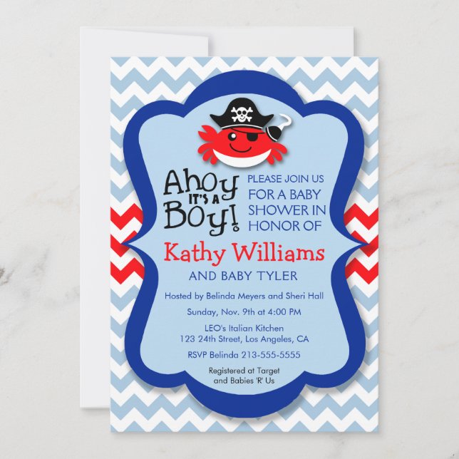 Invitation Ahoy It's A Boy - Baby shower de pirate Crab Boy (Devant)