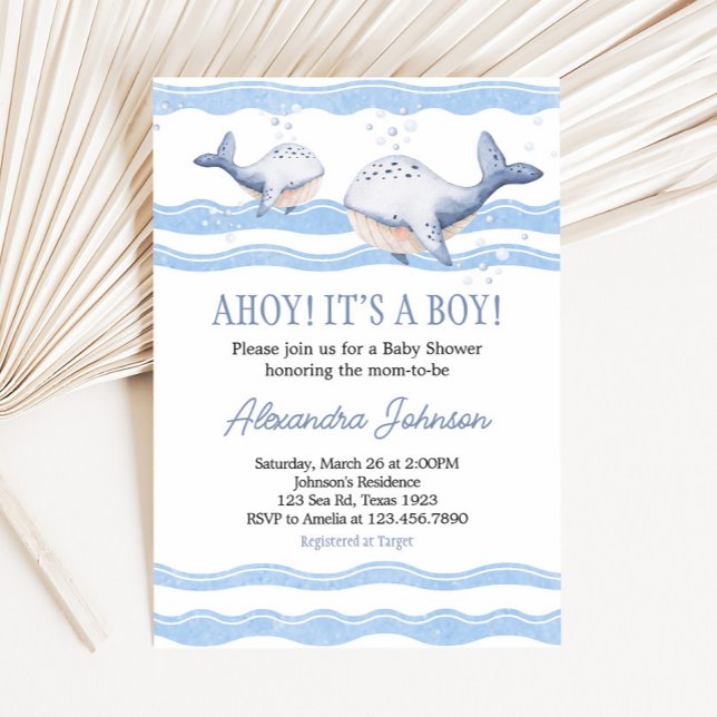 Invitation Ahoy It's a Boy Whale Baby Shower  (Ahoy Whale Baby Shower Invitation)