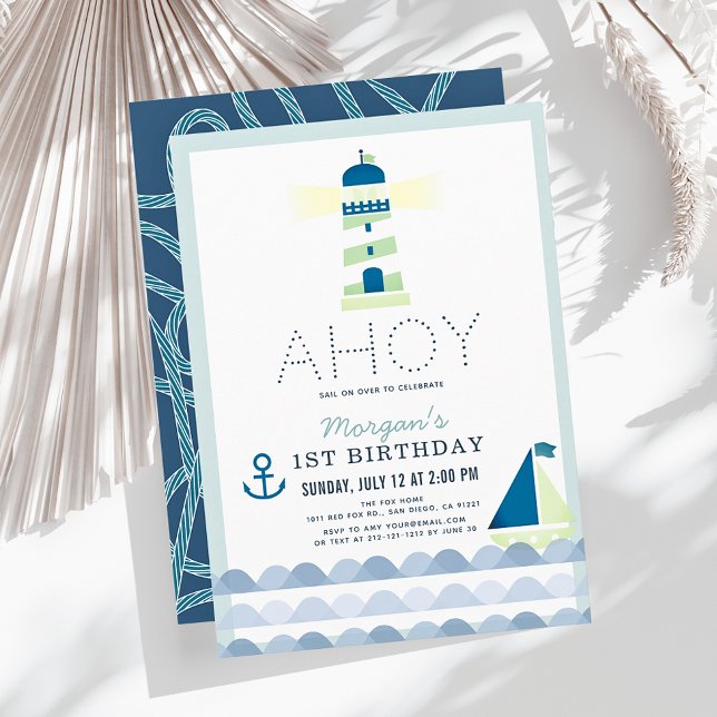 Invitation Ahoy Lighthouse Nautical Blue Boy 1er anniversaire (Créateur téléchargé)