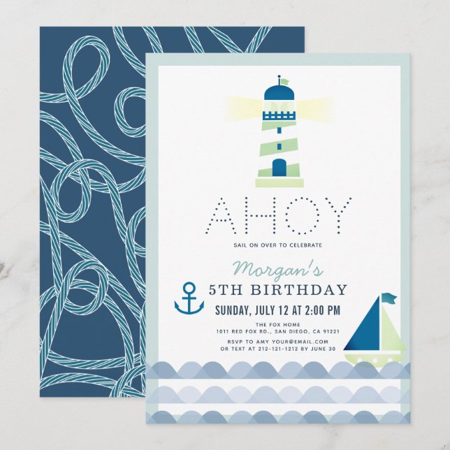 Invitation Ahoy Lighthouse Nautical Blue Boy Anniversaire (Devant / Derrière)