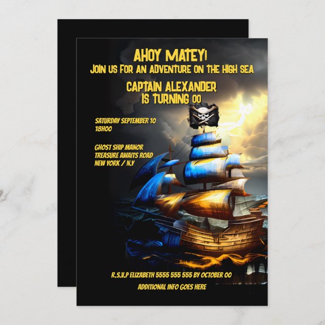 Invitation Ahoy matey de jolly roger de bateau pirate (Devant / Derrière)