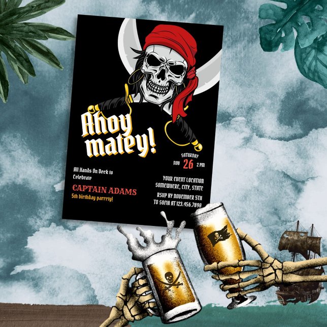 Invitation Ahoy Matey ! Mascotte de crâne des Pirates foncés  (Créateur téléchargé)