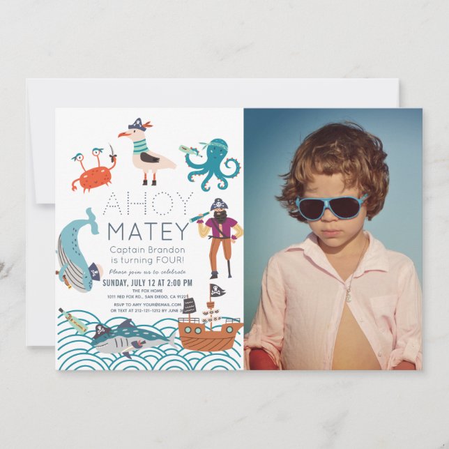 Invitation Ahoy Matey Pirate Sea Animaux Photo Anniversaire (Devant)