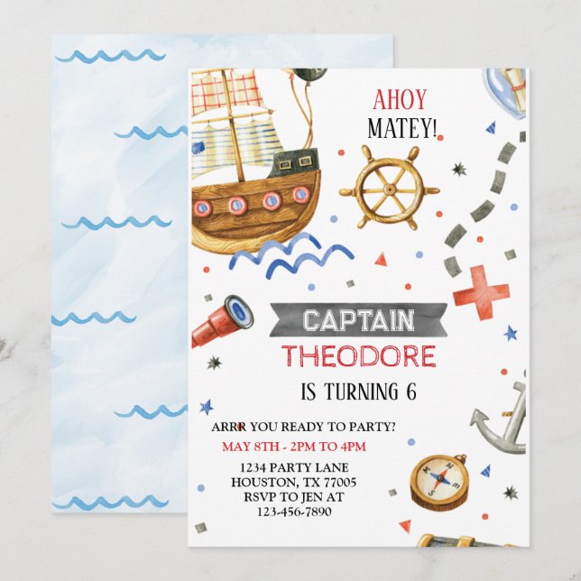 Invitation Ahoy Matey Pirate Ship Boy Anniversaire (Devant / Derrière)