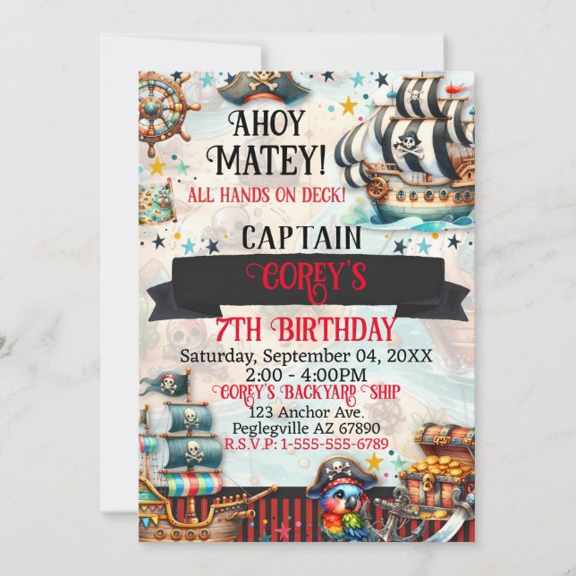 Invitation Ahoy Matey Pirate Thème Anniversaire Fête Invitati (Devant)