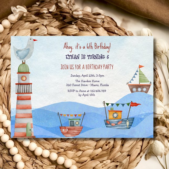 Invitation Ahoy Nautical kids aquarelle anniversaire Invitati (Créateur téléchargé)