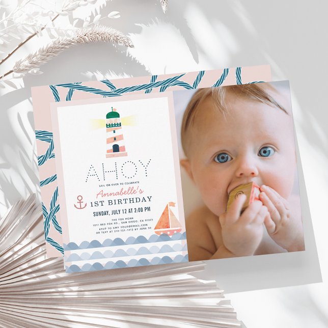 Invitation Ahoy Nautical Rose Girl Photo 1er anniversaire (Créateur téléchargé)