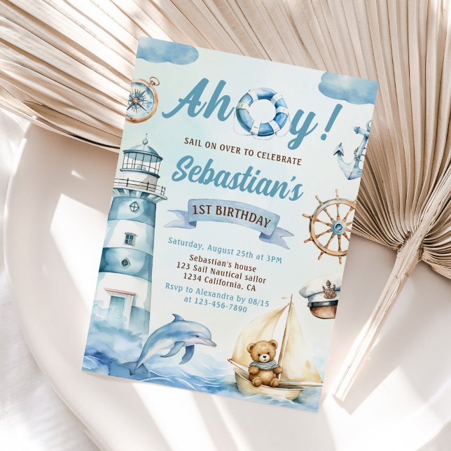 Invitation Ahoy Sailor Nautical Boat Blue 1er anniversaire (Créateur téléchargé)