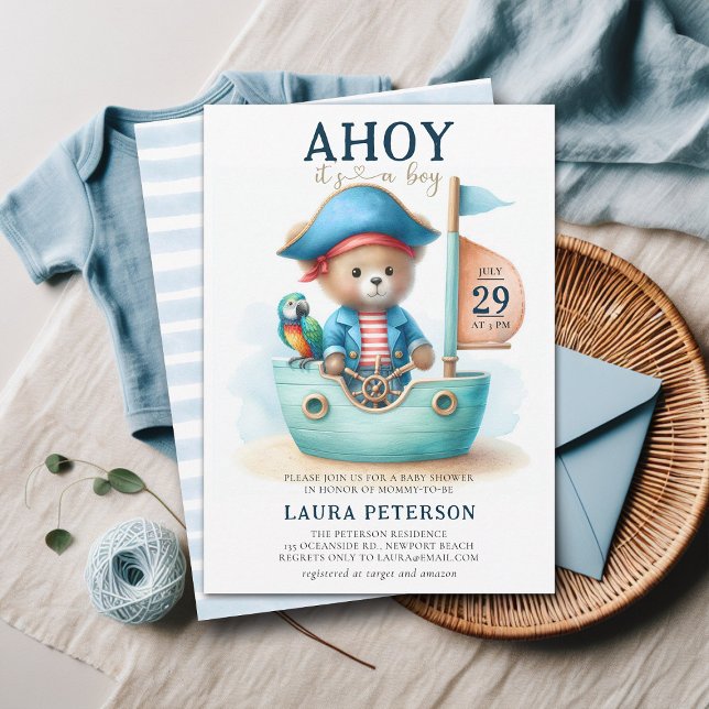 Invitation Ahoy Teddy Bear Pirate Captain Baby shower (ahoy boy baby shower invitation teddy bear pirate captain parrot boat cute watercolor character)