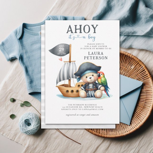 Invitation Ahoy Teddy Bear Pirate Sailor Baby shower (ahoy boy baby shower invitation teddy bear pirate sailor boat captain cute watercolor character)