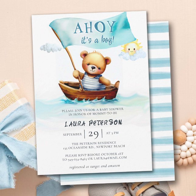 Invitation Ahoy Teddy Bear Waves Boat Cute Boat Baby shower (ahoy its a boy cute teddybear in boat ocean waves baby boy shower invitation watercolor elegant fun)