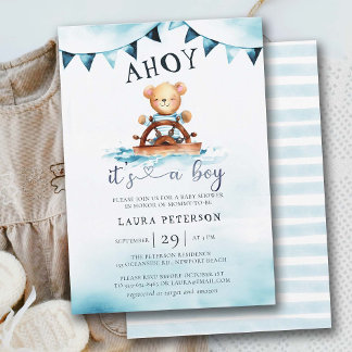 Invitation Ahoy Teddy Bear Waves Boat Helm Boy Baby shower