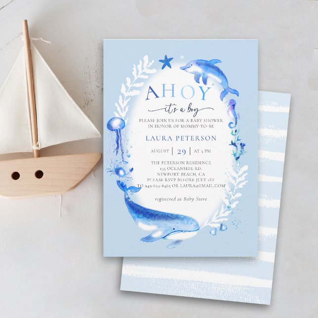 Invitation Ahoy Under Sea Animals Baby shower Nautique Garçon (ocean baby boy shower invitation ahoy under the sea whale dolphin watercolor beach nautical summer)