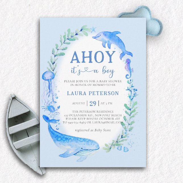 Invitation Ahoy Whale Dolphin Sea Baby shower nautique (ocean baby boy shower invitation ahoy under the sea whale dolphin blue watercolor modern nautical)