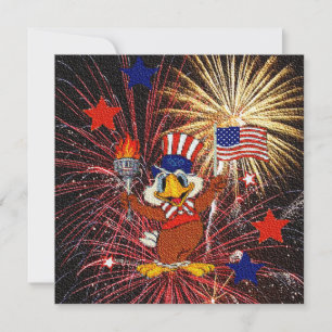 Invitation Aigle de dessin avec drapeau et feu d'artifice Inv