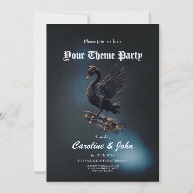 Invitation Ailes de liberté le cygne noir sur le skateboard. (Devant)