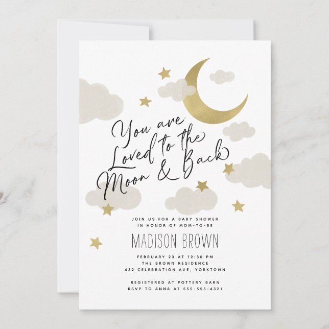 Invitation Aimé à la Lune et au Baby shower noir Gold White (Devant)