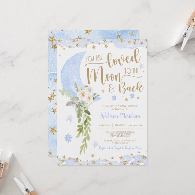 Invitation Aimé à la lune et le dos Baby Boy Shower (Devant/Arrière en situation)