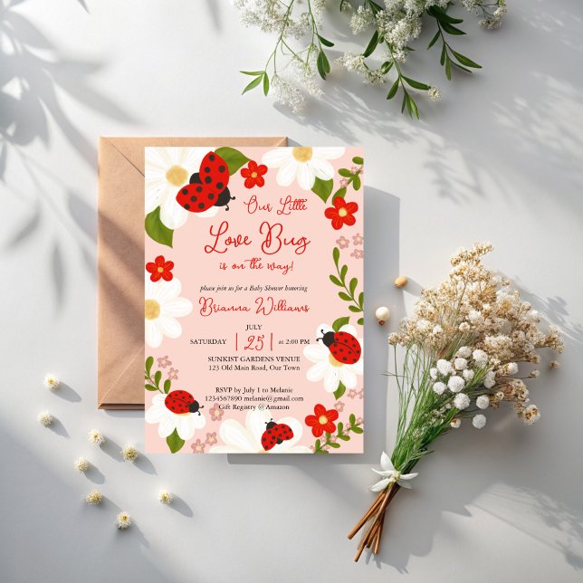 Invitation Aimer bug mignon coccinelle baby shower lunatique (Love bug cute ladybug daisies summer garden pink girls baby shower whimsical invitation template)